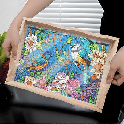 DIY Diamond Art Wooden Tray Kit With Handle, Food Tray for Breakfast, Bar Dinner Table Decoration, Diamond Dots Gem Painting Art Set for Beginners (#02-Birds)