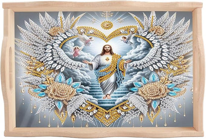 JISHSHAY Diamond Art Serving Tray Diamond Painting Food Tray Gem Art Serving Platter Gem Painting Mosaic Kits for Adults DIY Kits for Adults Table Decor, with Handle 20×30cm/7.87×11.81in, Jesus