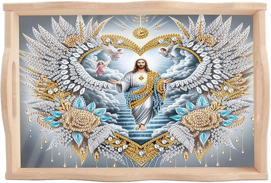 JISHSHAY Diamond Art Serving Tray Diamond Painting Food Tray Gem Art Serving Platter Gem Painting Mosaic Kits for Adults DIY Kits for Adults Table Decor, with Handle 20×30cm/7.87×11.81in, Jesus