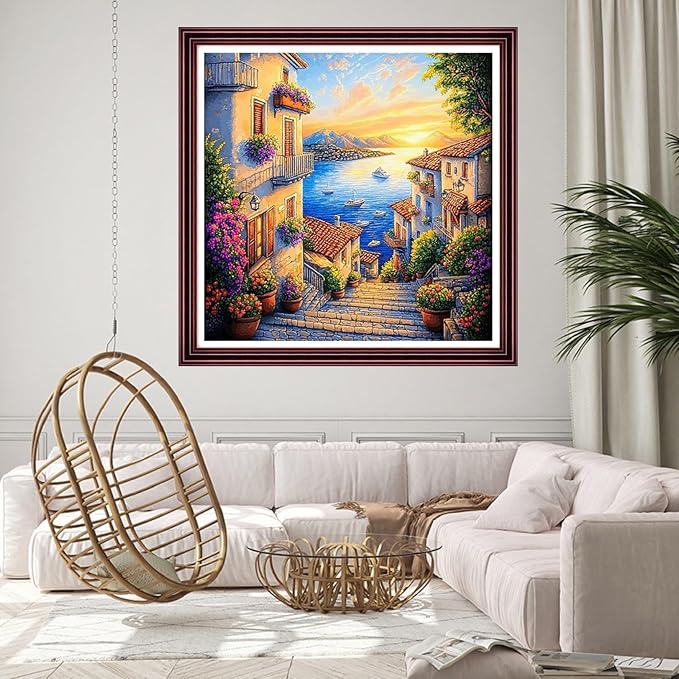 DMCCRAFT Stamped Cross Stitch Kits for Adults 11CT Printed Cross-Stitch Patterns Embroidery Kits Easy Cross Stitching Needlepoint Kits Crossstitch-Seaside Sunrise Scenery 18x18 inch