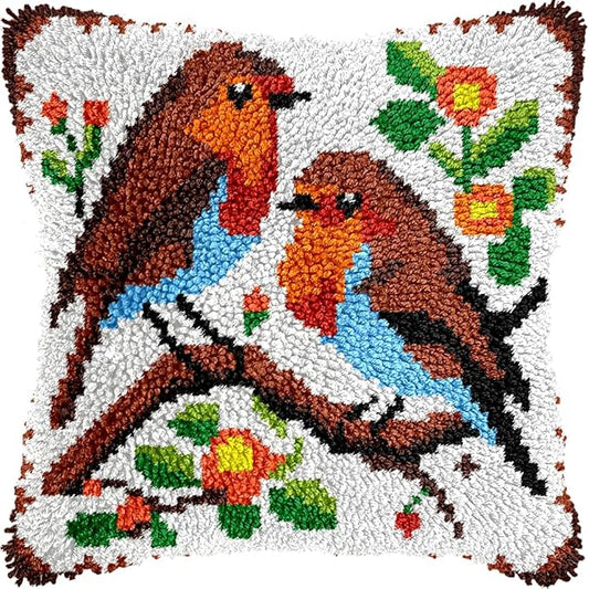veirousa Robin Bird Latch Hook Kit for Adults, Beginners Latch Hook Pillow Kits, Pre-Printed Latch Hook Rug Kits Cross-Stitch Embroidery Cushion for Home Sofa Decoration 17x17 Inch