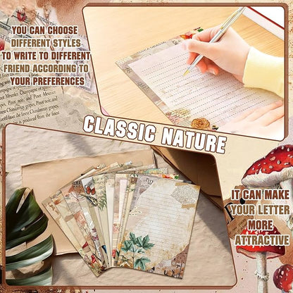 TaoBary 160 Pcs Stationery Paper Set 50 Double Sided Stationery Papers with 50 Matching Envelopes and 60 Round Dot Sticker, 10 Design(Nature Vintage Style,5.5 x 8.25 Inch)