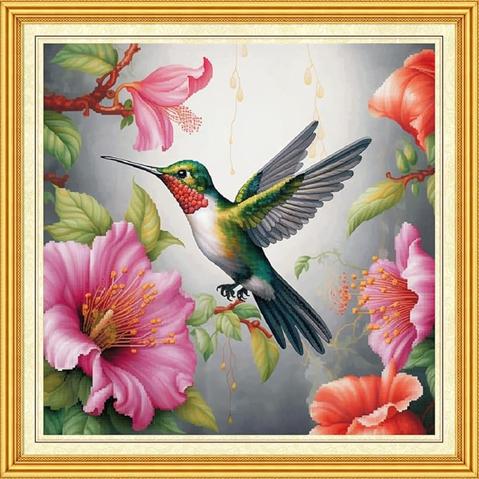 DMCVIVR Stamped Cross Stitch Kits for Beginners Adults Needlepoint Kits for Beginners Embroidery Kits for Adults Crossstitch Kit for Beginners 11CT-Hummingbirds Gather Honey 18x18 inch