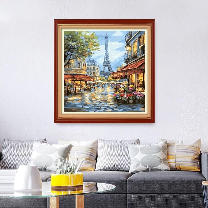 Foxhool Stamped Cross Stitch Kits,11CT Printed Cross Stitch Pattern Full Embroidery Kits for Beginner Needlepoint Kits&Eiffel Tower Street Market 18x18 inch