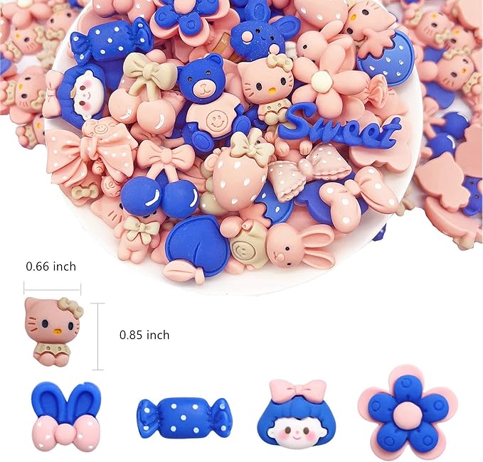 50 Pcs Flatback Cute Resin Slime Charms Bulk for Crafts, Flat Back Mixed Charms for Slime, Slime Charm Bulk for DIY Art Craft Making Kit (Blue Pink)