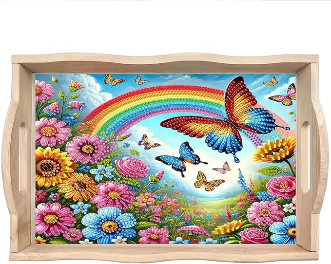 DoxQcs DIY Diamond Art Wooden Tray Kit Easter Food Tray with Handle Diamond Painted Table Decoration Tray for Breakfast Bar Dinner Table Diamond Art Painting for Beginners-#07-Rainbow Butterfly Bush