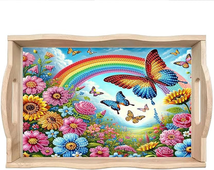 DoxQcs DIY Diamond Art Wooden Tray Kit Easter Food Tray with Handle Diamond Painted Table Decoration Tray for Breakfast Bar Dinner Table Diamond Art Painting for Beginners-#07-Rainbow Butterfly Bush