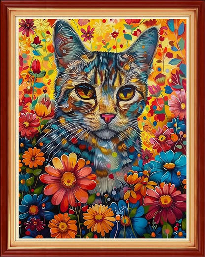 Foxhool Stamped Cross Stitch Kits,11CT Printed Cross Stitch Pattern Full Embroidery Kits for Beginner Needlepoint Kits-Cat Flowers 16x20 inchs