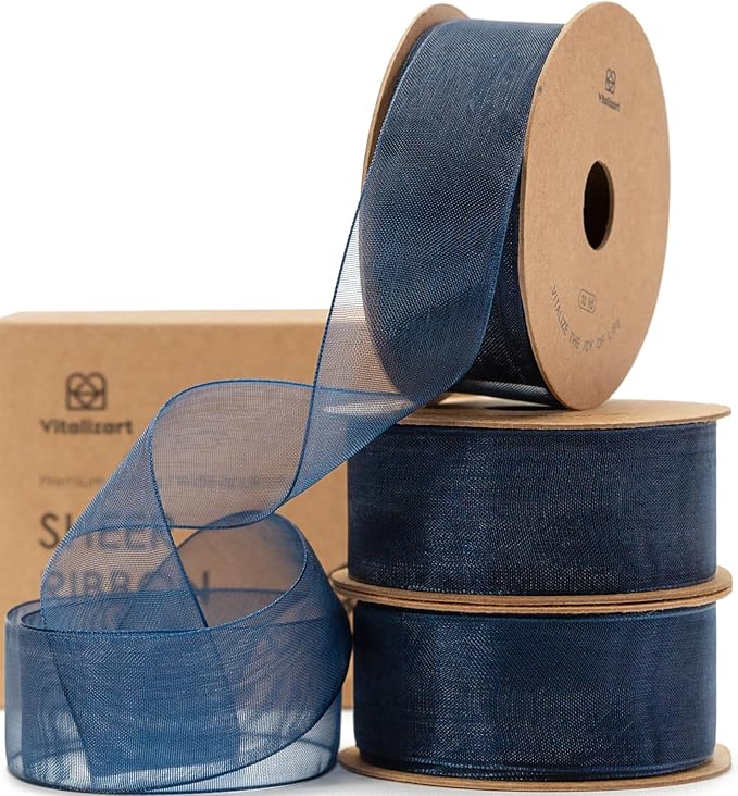 Vitalizart Navy Blue Ribbon Organza Sheer Ribbon 1 inch x 30 Yd in Total Handmade Fabric Ribbons for Gift Wrapping Christmas Tree Crafts Bows Wedding Invitations Wreaths Wrap