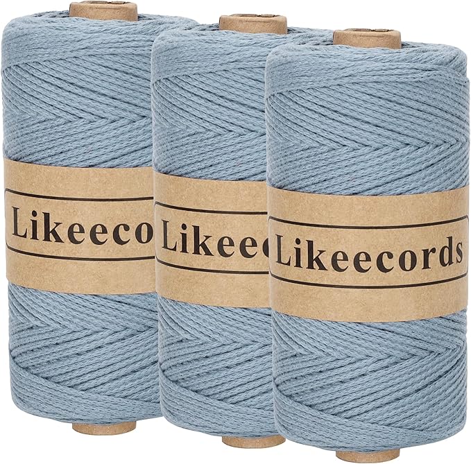 100% Cotton Crochet Yarn for Bag,3 Rolls/Pack 2mm x 510m,Macrame Cord,Chunky Yarn for Crocheting Handbag, Purse,Blankets Crafts Projects (Haze Blue)