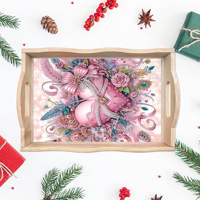 DIY Diamond Art Wooden Tray Kit, Food Tray with Handle Diamond Painted Table Decoration Tray, for Breakfast, Bar Dinner Table Diamond Dots Gem Painting Art Set for Beginners-#33-Pink Heart
