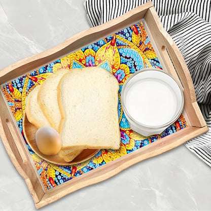 FGbaby DIY 5D Yellow Mandala Diamond Painting Wood Serving Tray with Handles Diamond Art Decor Serving Trays Wooden Tray for Breakfast in Bed, Patio, BBQ, Coffee Table, Party –Great for Lap & Couch