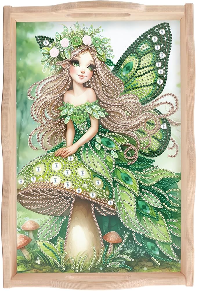 JISHSHAY Elf Fairy Diamond Art Serving Tray Diamond Painting Food Tray Gem Art Serving Platter Gem Painting Mosaic Kits for Adults DIY Kits for Adults, with Wood Handle 20×30cm/7.87×11.81in