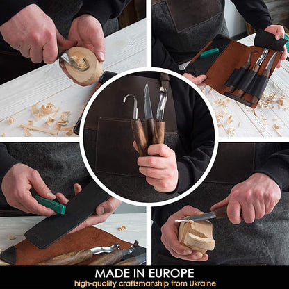 BeaverCraft Wood Spoon Carving Tools Kit S14x Deluxe - Whittling Tools Set Includes Sloyd Wood Carving Knife, Hook Knife, Gouge, Leather Roll-Up Case & Leather strop with Polishing Compound