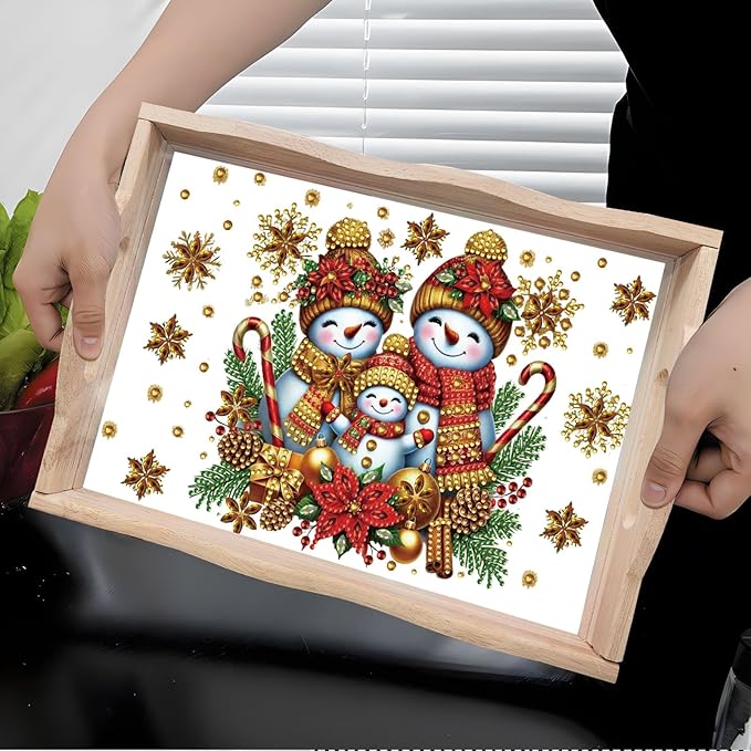 DIY Diamond Art Painting Wooden Tray Kit, Food Tray with Handle Diamond Painted Table Decoration Tray, for Breakfast, Bar Dinner Table Diamond Dots Gem Painting Art Set for Beginners-Snowman4