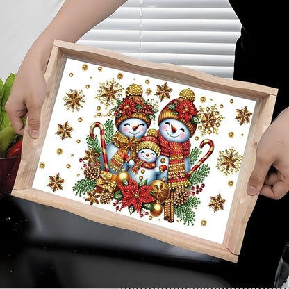 DIY Diamond Art Painting Wooden Tray Kit, Food Tray with Handle Diamond Painted Table Decoration Tray, for Breakfast, Bar Dinner Table Diamond Dots Gem Painting Art Set for Beginners-Snowman4