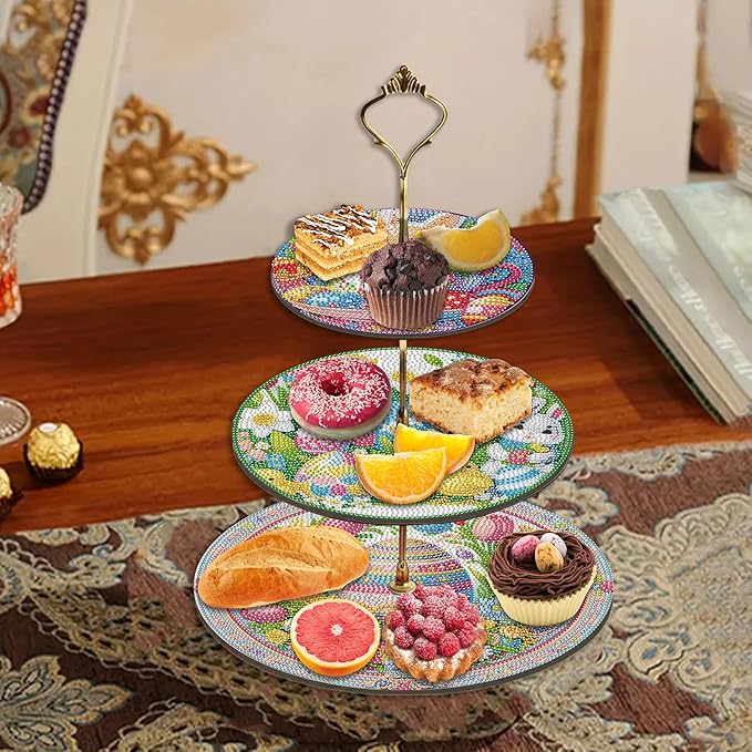 Three-Tier Diamond Painting Wooden Cake Stand DIY Sunflower Diamond Painting Cupcake Towel-Lined Tiered Tray Reusable Pastry Stand (Easter)