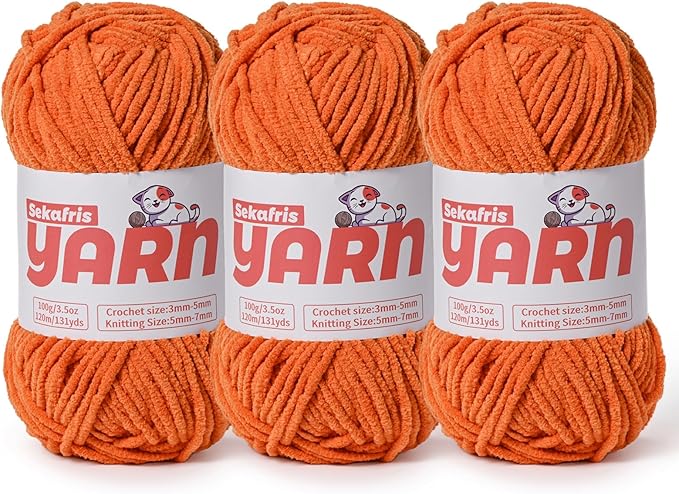 3 Pack Plush Chunky Chenille Yarn for Crocheting, Soft Fluffy Velvet Yarn for Crocheting, Fuzzy Baby Blanket Knitting Yarn, 300g/393yds Bulky Amigurumi Yarns（3 Orange）