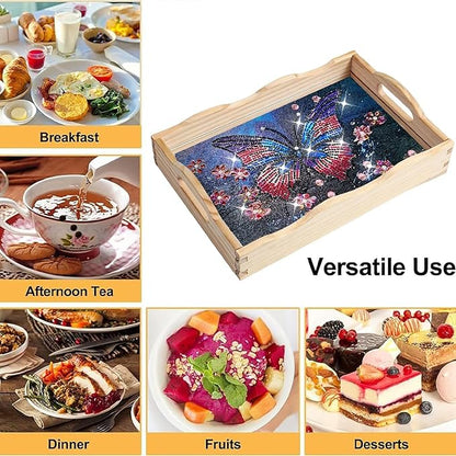 Generic DIY Diamond Art Wooden Tray Kit, Food Tray with Handle Diamond Painted Table Decoration Tray, for Breakfast, Bar Dinner Table Diamond Dots Gem Painting Art Set for Beginners-#24-Butterfly