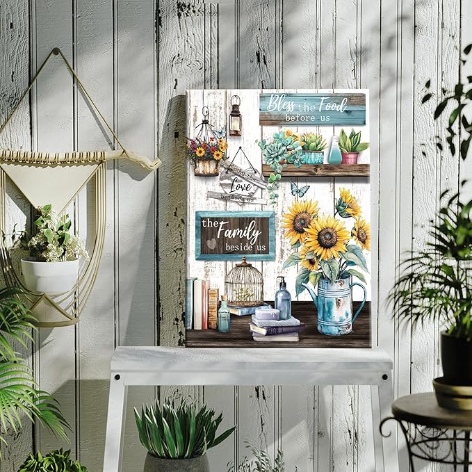 WENGTIAO Kitchen Canvas Wall Art Rustic Sunflower Pictures Vintage Bless The Food Before Us Sign Prints Paintings Christian Religious Bible Quotes Artwork for Farmhouse Dining Room Living Room 16x24in