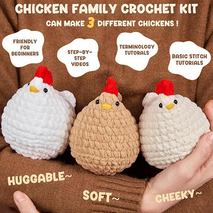 MAGIMUSE Crochet Kit for Beginners, Crochet Starter Kits for Adults Amigurumi Craft Knitting Crochet Animals Kits with Step-by-Step Video Tutorials, 3 Pcs Chicken (40%+ Yarn)