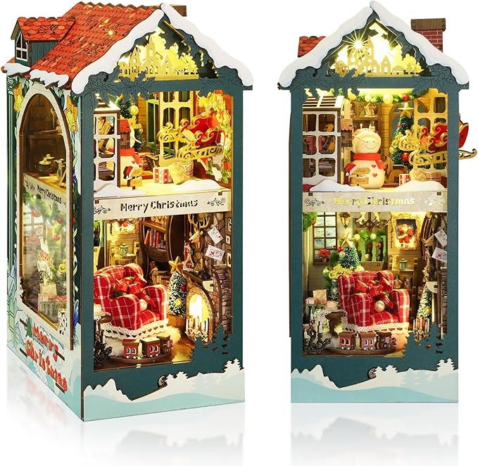 Foyucool DIY Book Nook Kit, Miniature Bookshelf Decor with LED Lights, Laser-Cut Wooden Craft Set for Adults, Creative Gift for Christmas, Birthday, Xmas, Merry Christmas