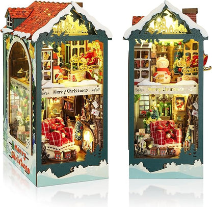 Foyucool DIY Book Nook Kit, Miniature Bookshelf Decor with LED Lights, Laser-Cut Wooden Craft Set for Adults, Creative Gift for Christmas, Birthday, Xmas, Merry Christmas