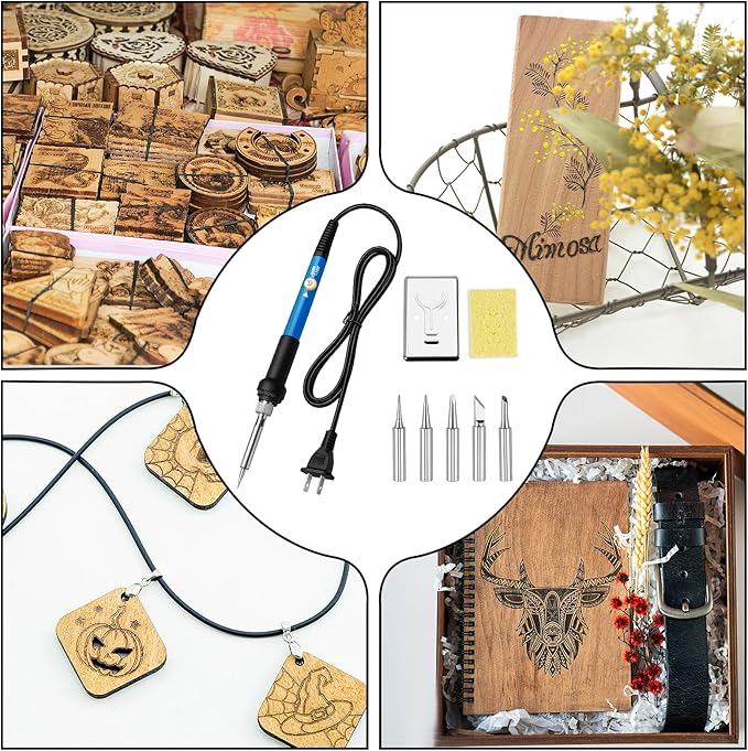 Aphohome Wood Burning Kit, 6 - Temp Adjustable Soldering Welding Iron Kit with 5 Tips & Sponge, for Pyrography Art & DIY Wood Crafts