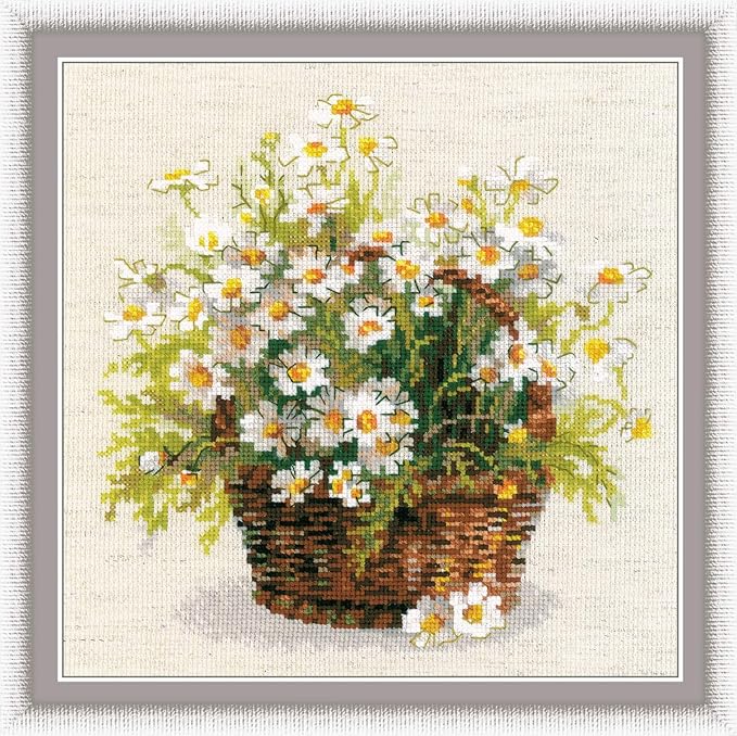 RIOLIS - Russian Daisies 1478, Cross Stitch Kits 9.75"x9.75", Cross Stitch Kits for Adults, Counted Cross Stitch Kits, Embroidery Kit for Beginners & Advanced, Floral Crossstitching Kits