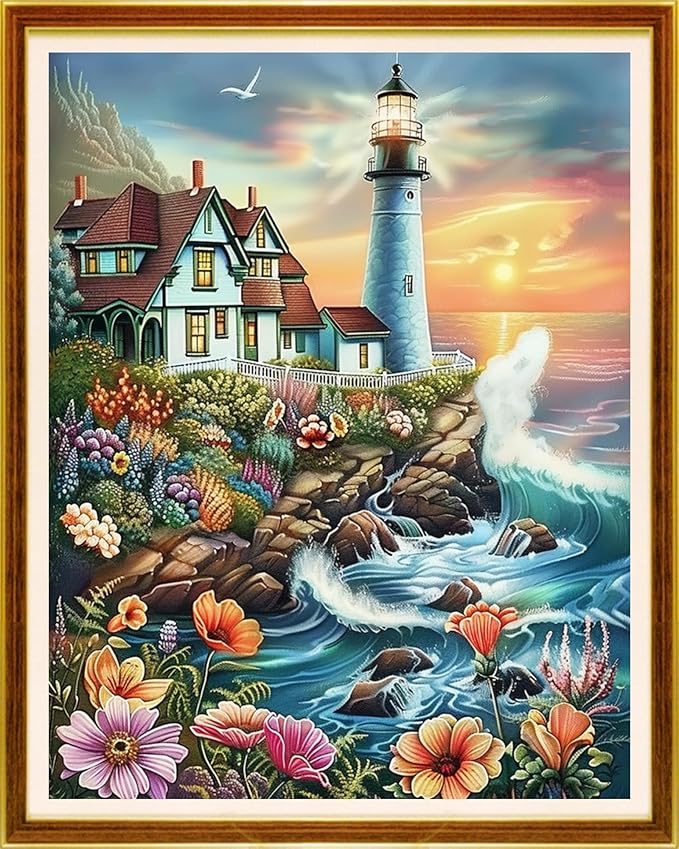Joycasa Stamped Cross Stitch Kits for Beginners Full Range of Cross Stitching 11 CT Printed Cross Stitch Kit for Adults Cross-Stitch Patterns Needlepoint Kits- Seaside Lighthouse 16x20 inch