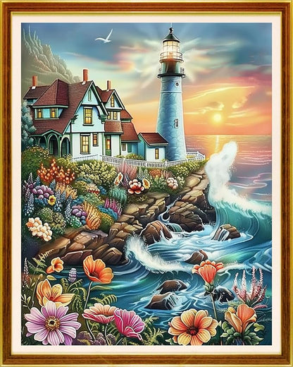 Joycasa Stamped Cross Stitch Kits for Beginners Full Range of Cross Stitching 11 CT Printed Cross Stitch Kit for Adults Cross-Stitch Patterns Needlepoint Kits- Seaside Lighthouse 16x20 inch