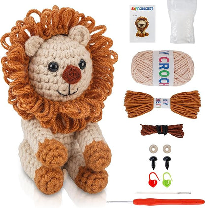 Crochet Kit for Beginners Crochet Animal Kit Crafts for Adults with Step by Step Video Tutorial Hobbies for Women Crochet kit Crochet Animals Beginner Crochet kit DIY Knitting Supplies（Mighty Lion）