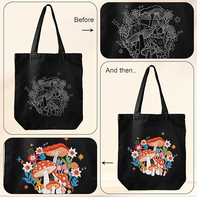 Louise Maelys Embroidery Kit Canvas Tote Bag for Beginners,Cross Stitch Kits for Adults,Arts Crafts Needlepoint with Mushroom Flower Pattern,Women Shopping Reusable Grocery Bags