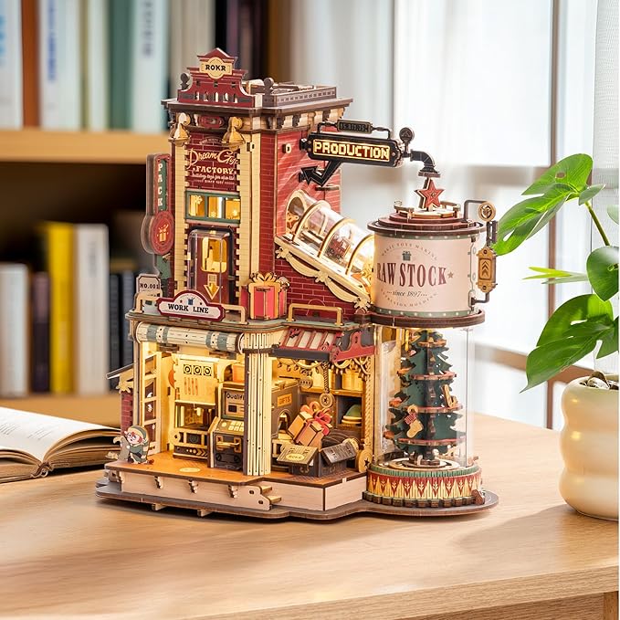 ROKR 3D Puzzle for Adults Christmas Style Dream Gift Factory Wooden Model Kit Luminous Factory DIY Dollhouse Kit Building with Music, Lights and 5 Elves for Adults