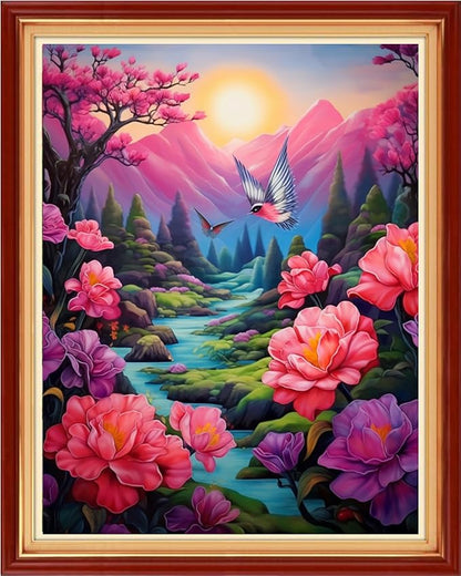 Funchey Stamped Cross Stitch Kits, DIY Cross Stitch Pattern for Adults Beginners Needlepoint Kits Embroidery Kit Arts and Crafts 11CT&Colorful Flower Hummingbird 16x20 inch