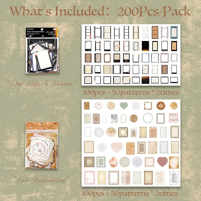 SIBLYMONA 200Pcs Vintage Memo Material Pack Memo Collection Series for Scrapbooking, Junk Journal Supplies DIY Art Crafts Bullet Journal Diary Album Planne (SetA)