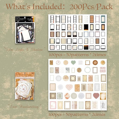 SIBLYMONA 200Pcs Vintage Memo Material Pack Memo Collection Series for Scrapbooking, Junk Journal Supplies DIY Art Crafts Bullet Journal Diary Album Planne (SetA)