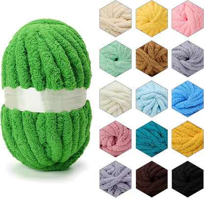 ERLYEEN Chenille Chunky Yarn Super Bulky Soft Thick Fluffy Jumbo Giant Washable Polyester Big Yarn DIY for Arm Knit Blanket Cushion Bed Sofa Home Decor,Green,0.55LB