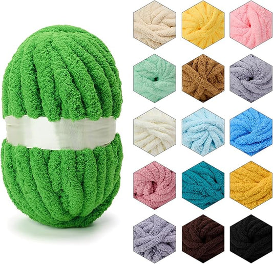ERLYEEN Chenille Chunky Yarn Super Bulky Soft Thick Fluffy Jumbo Giant Washable Polyester Big Yarn DIY for Arm Knit Blanket Cushion Bed Sofa Home Decor,Green,0.55LB