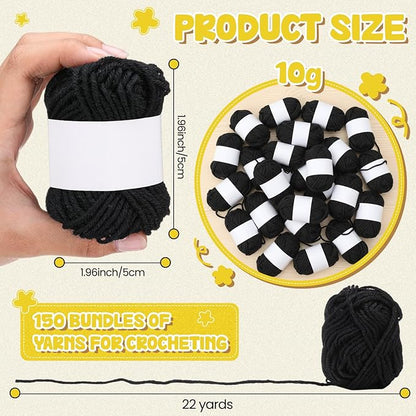 Nuogo 150 Rolls Acrylic Crochet Yarn Bulk 3300 Yards Knitting Acrylic Yarn Skeins Soft Mini Soft Crochet Skeins Multicolor for Knitting Handcraft Weaving Projecting Kit(Black)