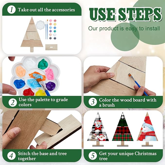 Soaoo 8 Pcs Christmas Standing Wood Pallet 11.81" x 7.48" Christmas Tree Unfinished DIY Wooden Ornaments Kit Rustic Wooden Crafts 12 Colors Pigment Palettes and Paint Brushes