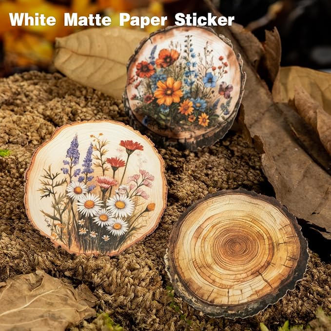 AuriicLeaf Nature Wood Slice Sticker Set, 120PCS Vintage Designs with Flowers, Moss, Logs and Botanical Elements for Journaling, Scrapbooking and Crafts