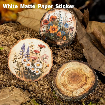 AuriicLeaf Nature Wood Slice Sticker Set, 120PCS Vintage Designs with Flowers, Moss, Logs and Botanical Elements for Journaling, Scrapbooking and Crafts