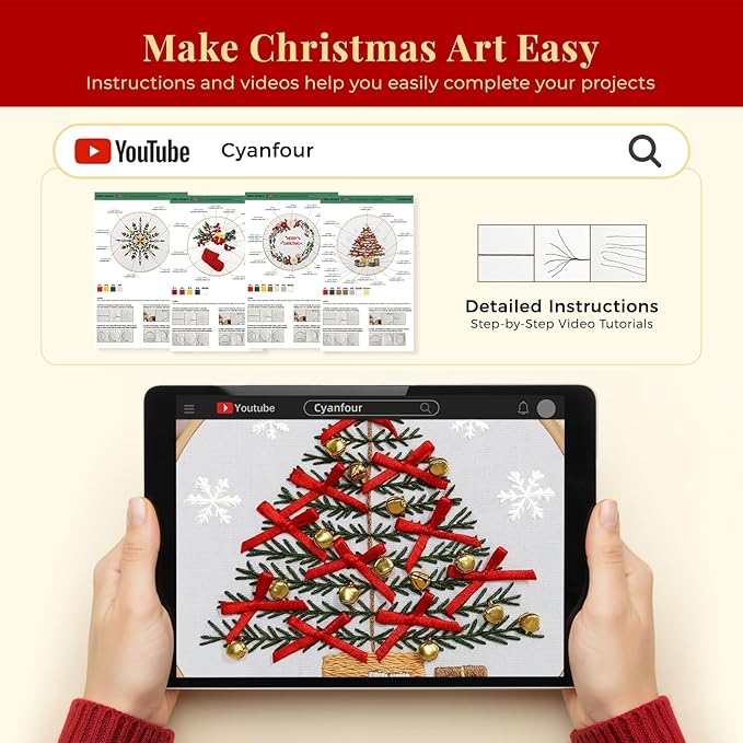 CYANFOUR 4 Pack Christmas Embroidery Kit for Beginners, with Step-by-Step Instructions and Clear Videos, Includes Multiple Accessories, Gift for Craft Lovers.