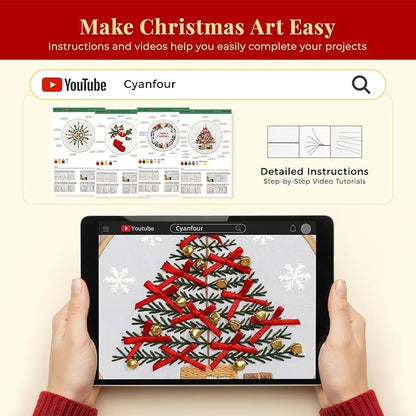 CYANFOUR 4 Pack Christmas Embroidery Kit for Beginners, with Step-by-Step Instructions and Clear Videos, Includes Multiple Accessories, Gift for Craft Lovers.