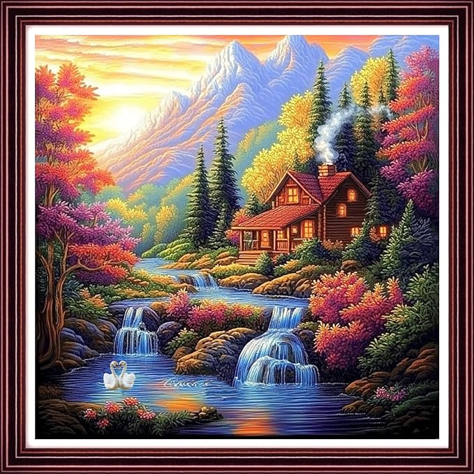 DMCCRAFT Stamped Cross Stitch Kits for Adults 11CT Printed Cross-Stitch Patterns Embroidery Kits Easy Cross Stitching Needlepoint Kits Crossstitch-Dusk Home Scenery 18x18 inch