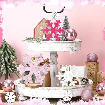 Bucherry 3 Pcs Winter Wooden Snowflake Decor Rustic Winter Snowflake Table Signs Wonderland Wood Blocks Farmhouse Christmas Tiered Tray Decorations for Xmas Table Shelf(Pink, Rose Red, White)