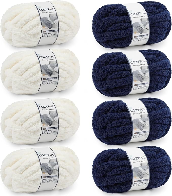 Chunky Yarn for Hand Knitting - #10 Chunky Chenille Yarn, Jumbo Big Thick Chunky Yarns for Crocheting, Super Bulky Chunky Knit Blanket Yarns, 8 Skein (25yd, 8oz/Skein), Cream & Navy