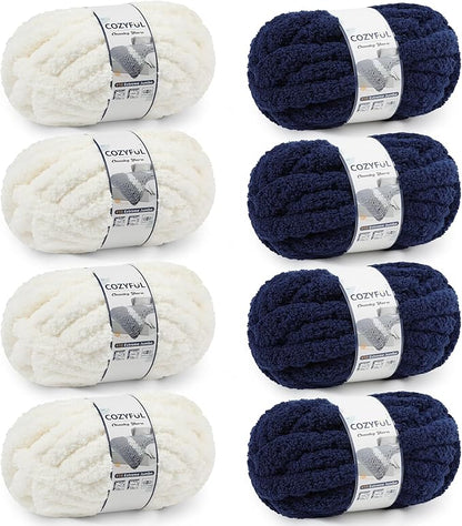 Chunky Yarn for Hand Knitting - #10 Chunky Chenille Yarn, Jumbo Big Thick Chunky Yarns for Crocheting, Super Bulky Chunky Knit Blanket Yarns, 8 Skein (25yd, 8oz/Skein), Cream & Navy