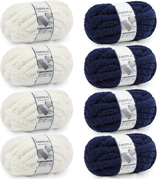 Chunky Yarn for Hand Knitting - #10 Chunky Chenille Yarn, Jumbo Big Thick Chunky Yarns for Crocheting, Super Bulky Chunky Knit Blanket Yarns, 8 Skein (25yd, 8oz/Skein), Cream & Navy